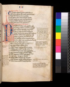 Ms 325. Lucain, Bellum Civile, et autres œuvres, f.35r. Initiale partagée [P] en rouge et bleu avec ornementation contrastante, vers 1353 (parchemin)