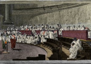 Cicéron dénonce le conspirateur Catilina (Lucius Sergius Catilina) (108-62 av. J.-C.) le 8 novembre 63 av. J.-C. La scène se déroule à Rome au Sénat, gravée d