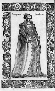 Renaissance : une courtisane romaine au 16ème siècle. Gravure de "Costumes modernes et anciens" de Cesare Vecellio - Cesare (attr. to) Vecellio