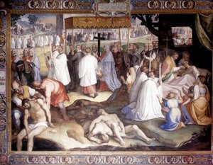 Peste de Milan : Saint Charles Borromée (San Carlo Borromeo) (1538 - 1584) communie les mourants. Fresque de Carlo Nebbia au Collège Borromée à Pavie. 16ème siècle - Cesare Nebbia