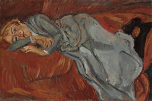 Femme couchée sur un divan rouge, vers 1916