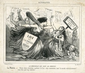 Illustration de Cham dans Le Charivari, vers 1850 - La nouvelle loi sur la presse - Censure, Presse/Médias, Loi - Proudhon Pierre-Joseph, Girardin Emile de - Allégorie