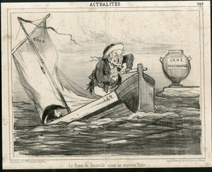 Illustration de Cham (1819-1879) dans Le Charivari, vers 1850 - Le Prince de Joinville ayant un mauvais pilote - Élections, Président de la République, Marine maritime nautique balnéaire - Thiers Adolphe, François d