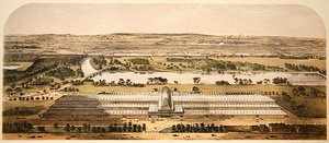 Vue aérienne du bâtiment pour la Grande Exposition, publiée par Ackermann & Co.