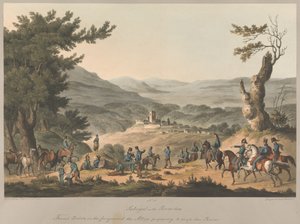 No.5. Sabugal sur la Rivière Coa, piquets français au premier plan, les Alliés se préparant à traverser la rivière - Charles (after) Turner