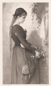 Jeune femme apportant des fleurs à une niche avec une statue de Marie - Charles Alphonse Deblois