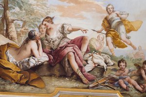 Le repos de Diane parmi les nymphes (Il riposo di Diana tra le Ninfe), par Charles-Andre van Loo (1705-1765), fresque, plafond voûté de la chambre, appartement de la reine, Stupinigi, Piémont, Italie