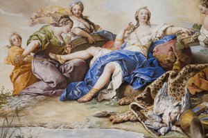Le repos de Diane parmi les nymphes (Il riposo di Diana tra le Ninfe), par Charles-Andre van Loo (1705-1765), fresque, plafond voûté de la chambre, appartement de la reine, résidence de chasse, par Filippo Juvarra (1678-1736), Stupinigi, Piémont, Italie