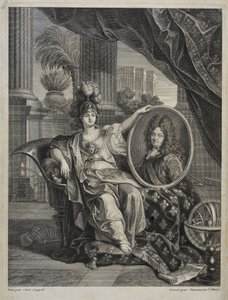 Louis XIV (1638-1715), Roi de France, Protecteur des Sciences - gravure par Antoine Coypel dans "Histoire de l