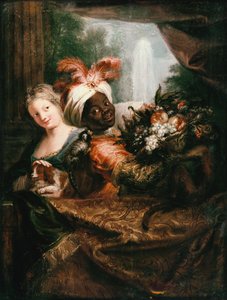 Jeune homme noir tenant un panier de fruits et une jeune fille caressant un chien - Charles Antoine Coypel