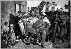 Service militaire : le tirage au sort en Bourgogne, conscrits près de Mâcon. Gravure de Montbart dans « Le Monde Illustre » n°1299 du 18 février 1882 - Charles Auguste Loye