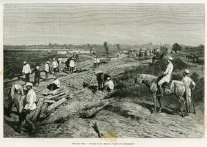 Pose des rails transcaspiennes. Gravure par Ch. Barbant pour illustrer l