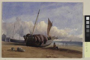 Bateau de pêche échoué avec pêcheur assis - Charles Bentley