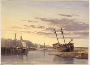 Bateaux de pêche dans le port de Rye, avec un moulin à vent au loin