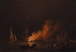 Navire en feu la nuit - Charles Brooking
