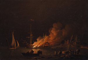Navire en feu la nuit, vers 1756 - Charles Brooking