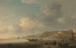 La côte près de Scheveningen avec des pinks de pêche sur le rivage