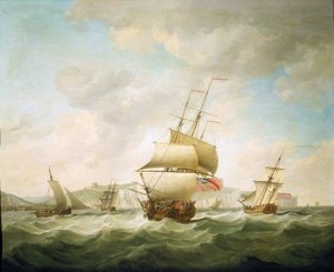 Navire marchand et yacht royal battus par le vent, au large de la côte de Douvres