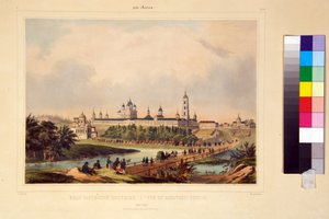 Vue du monastère Sarov. Le couvent de Seraphin de Sarov (1759-1833), saint orthodoxe. Gravure mise en couleur à l
