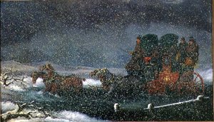 Une diligence traversant un ruisseau dans une tempête de neige - Charles Cooper Henderson