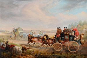 Hull-London Royal Mail rencontrant un chariot de voyage sur la route, vers 1835