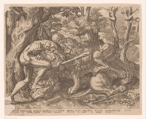 Hercules houdt de Nemeïsche leeuw in een wurggreep - Charles David