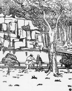 Personnes regardant la source, gravure sur bois par Charles Doudelet (1861-1938) pour Pelléas et Mélisande de Maurice Maeterlinck (1862-1949), publié par Claudio Argentieri, Spoleto, Italie - Charles Doudelet