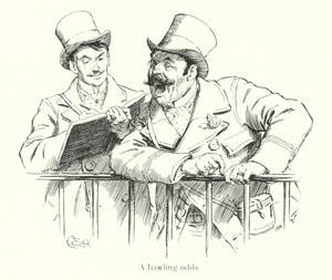Bookie criant les cotes à un champ de courses (gravure)