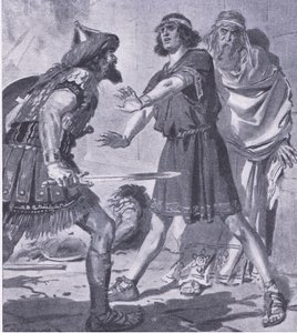 La vie de Crésus sauvée par son fils muet, de My Magazine, pub. 1922 (lithographie) - Charles Edmund Brock