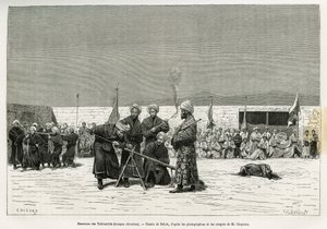 Exercices de manipulation des fusils Taifourchi, troupes armées et entraînées par les militaires chinois, dessin de Delort, pour illustrer les mémoires d