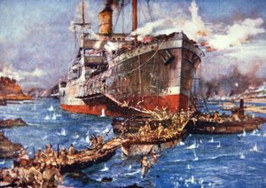 Troupes britanniques du fleuve Clyde débarquant à V Beach, Gallipoli, 25 avril 1915 - Charles Edward Dixon