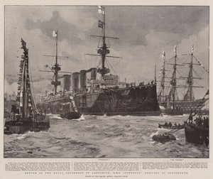 Retour des défenseurs navals de Ladysmith, HMS Powerful arrivant à Portsmouth