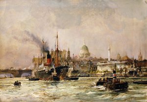 Navires sur la Tamise en dessous de Saint-Paul - Charles Edward Dixon