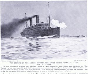 La première action entre les paquebots armés Carmania et Cap Trafalgar, Atlantique Sud, septembre 1915 - Charles Edward Dixon