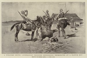 Une boisson bienvenue, des soldats australiens se rafraîchissant dans une hutte kaffir - Charles Edwin Fripp