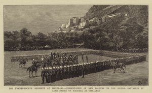 Le vingt-quatrième régiment à Isandlwana, présentation de nouvelles couleurs au deuxième bataillon par Lord Napier de Magdala à Gibraltar - Charles Edwin Fripp
