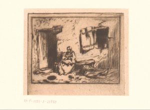 Femme avec enfant sur un banc contre une façade - Charles Emile Jacque (attributed to)
