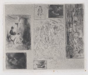 Planche composite: Femme et enfants a, Vieux musicien b, Marchand de friture c, Paysage ..., 1843 - Charles Emile Jacque