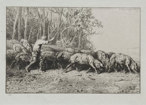 Troupeau de cochons quittant une forêt - Charles Emile Jacque