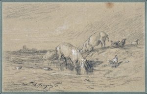 Troupeau de cochons. Dessin de Charles Jacque (1813-1894) - Charles Emile Jacque