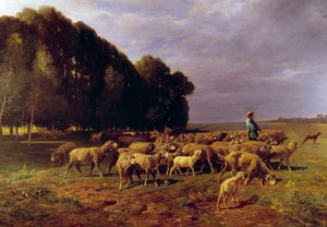 Troupeau de moutons dans un paysage ou "Berger conduisant un troupeau de moutons dans la plaine" - Charles Emile Jacque