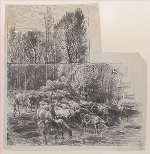 Bouvier et bétail au gué, vers 1850 - Charles Emile Jacque