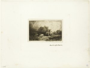 Paysage avec homme à cheval, cochons et vache