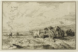 Paysage avec chariot tiré par des bœufs