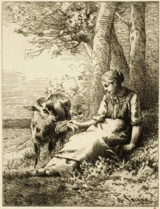 Berger avec troupeau de moutons au bord du bois - Charles Emile Jacque