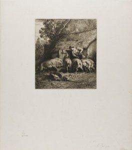 Femme nourrissant six cochons - Charles Emile Jacque