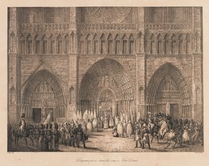 Drapeaux pris à Austerlitz reçus à Notre Dame, début du 19ème siècle (lithographie) - Charles Etienne Pierre Motte
