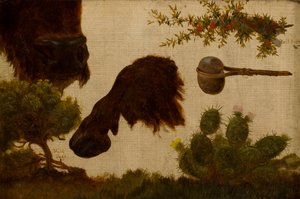 Étude pour « Le Bison blessé » : sauge de colline, tête et sabot de bison, baie de taureau, hache de pierre et cactus