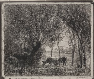 Vaches dans les bois, impression originale 1862, imprimée en 1921 - Charles Francois Daubigny