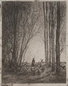Rassemblement du troupeau, impression originale 1862, imprimée en 1921 - Charles Francois Daubigny